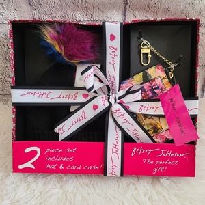 Betsey Johnson Black Hat And Floral Card Case Wallet Gift Box Set NWT